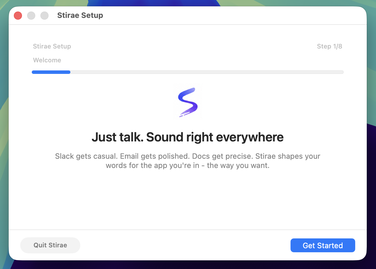 Stirae Setup welcome screen